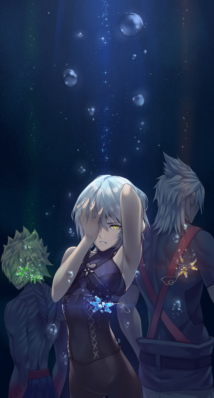 1girl 2boys aqua_(kingdom_hearts) arm_behind_head arm_up armpits bangs bare_shoulders blonde_hair breasts bubble dark_skin eyebrows_visible_through_hair gogo_(detteiu_de) hair_between_eyes hand_on_own_head highres kingdom_hearts kingdom_hearts_iii looking_at_viewer medium_breasts multiple_boys short_hair silver_hair sparkle spiky_hair spoilers terra_(kingdom_hearts) ventus yellow_eyes