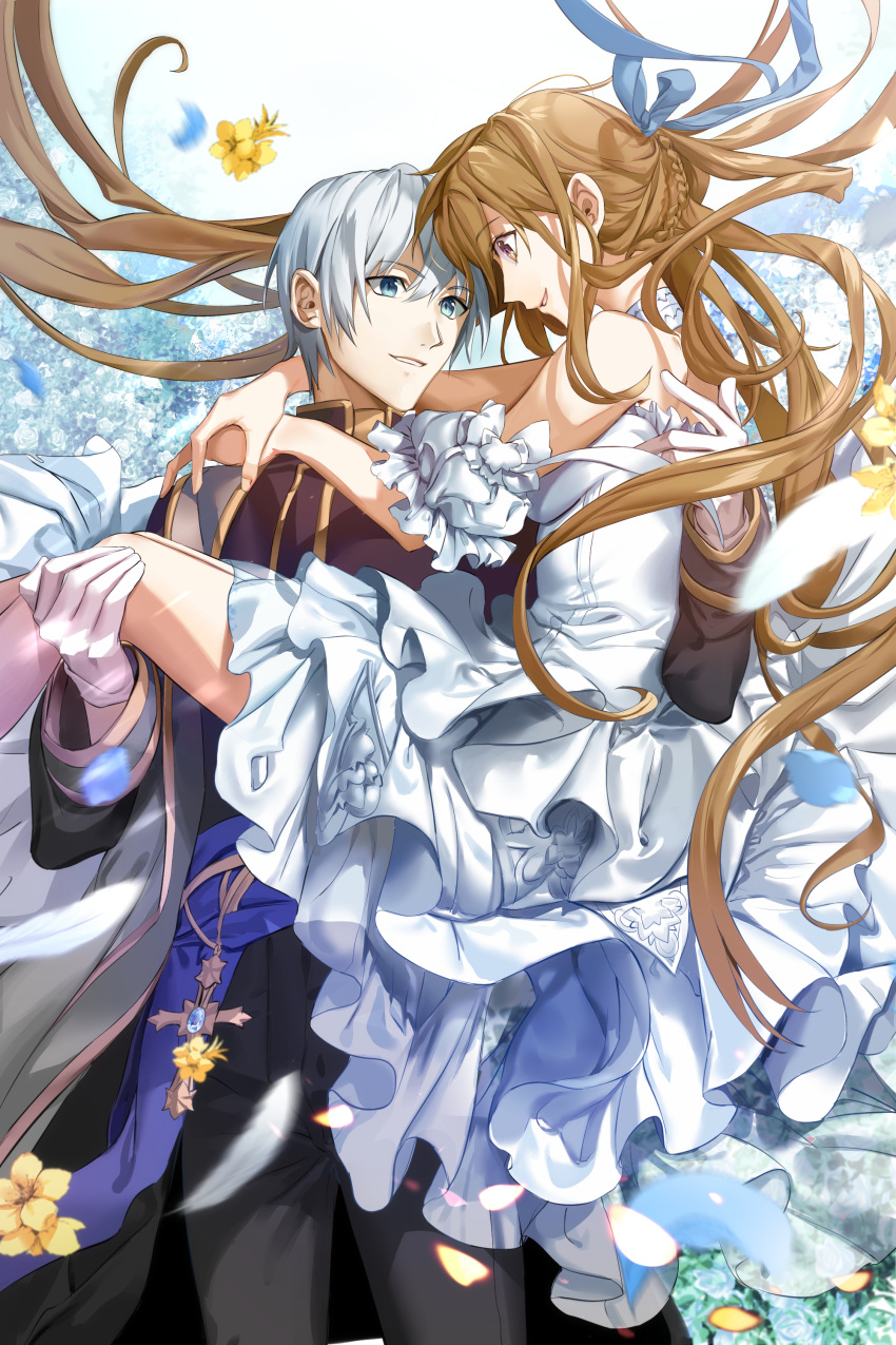 1boy 1girl absurdres bare_shoulders black_pants blue_eyes blue_ribbon braid brown_eyes brown_hair carrying cross ddaomphyo detached_sleeves dress eye_contact flower gloves grey_hair hair_ribbon highres long_hair looking_at_another original pants petals princess_carry puffy_short_sleeves puffy_sleeves ribbon short_sleeves smile very_long_hair wedding_dress white_dress white_gloves