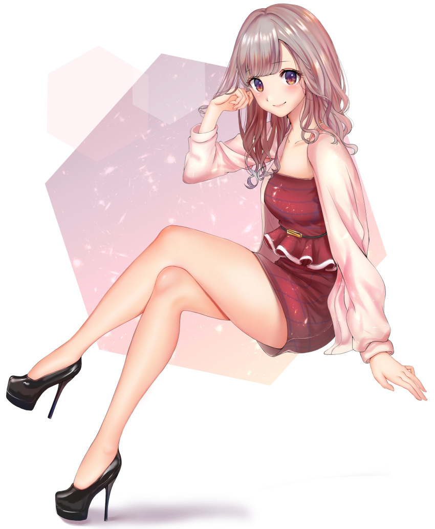 1girl absurdres black_footwear blush breasts brown_eyes brown_hair dress full_body hand_up high_heels highres inushima invisible_chair jacket legs legs_crossed long_hair long_sleeves original pink_jacket red_dress simple_background sitting small_breasts smile solo thighs