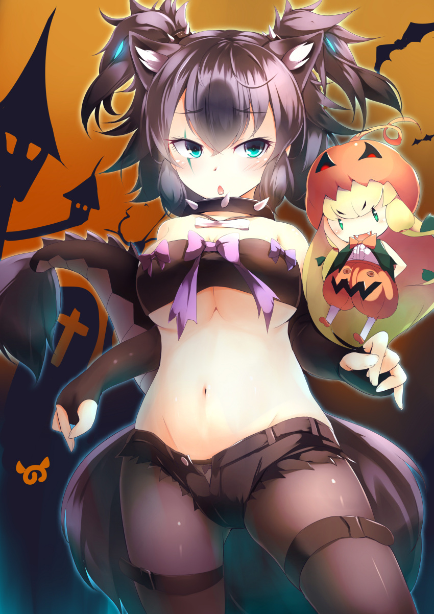 2girls :d absurdres animal_ears bandeau bare_shoulders black_hair blonde_hair blue_eyes bow breasts cerberus_(kemono_friends) chestnut_mouth chibi collar commentary dog_ears elbow_gloves eyebrows_visible_through_hair fangs fingerless_gloves gloves green_eyes groin halloween highres jack-o'-lantern_(kemono_friends) japari_symbol kanzakietc kemono_friends medium_breasts micro_shorts midriff multiple_girls navel open_mouth pantyhose pantyhose_under_shorts scar scar_across_eye short_hair shorts smile spiked_collar spikes tail twintails under_boob