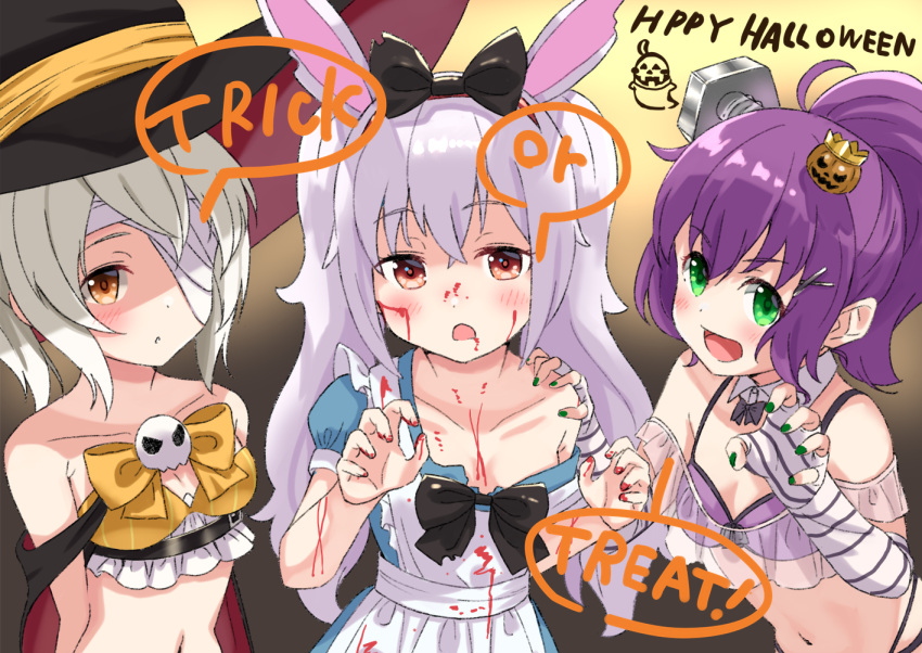 3girls :d alice_(wonderland) alice_(wonderland)_(cosplay) alice_in_wonderland animal_ears apron ayanami_(azur_lane) azur_lane bandage_over_one_eye bangs bare_shoulders belt_buckle beltbra black_belt black_bow black_cat blood blood_on_face bloody_clothes blue_dress blush bolt bow breasts brown_eyes buckle cape cat claw_pose collarbone commentary_request cosplay dress eyebrows_visible_through_hair fingerless_gloves fingernails gloves green_nails hair_between_eyes hair_bow hairband halloween hands_up happy_halloween hat jack-o'-lantern javelin_(azur_lane) laffey_(azur_lane) long_hair looking_at_viewer mini_hat multicolored multicolored_cape multicolored_clothes multiple_girls nail_polish navel off_shoulder open_mouth ponytail puffy_short_sleeves puffy_sleeves purple_hair rabbit_ears red_cape red_hairband red_nails short_sleeves silver_hair small_breasts smile strap_slip striped striped_gloves trick_or_treat tsukiman twintails very_long_hair white_apron white_gloves yellow_bow