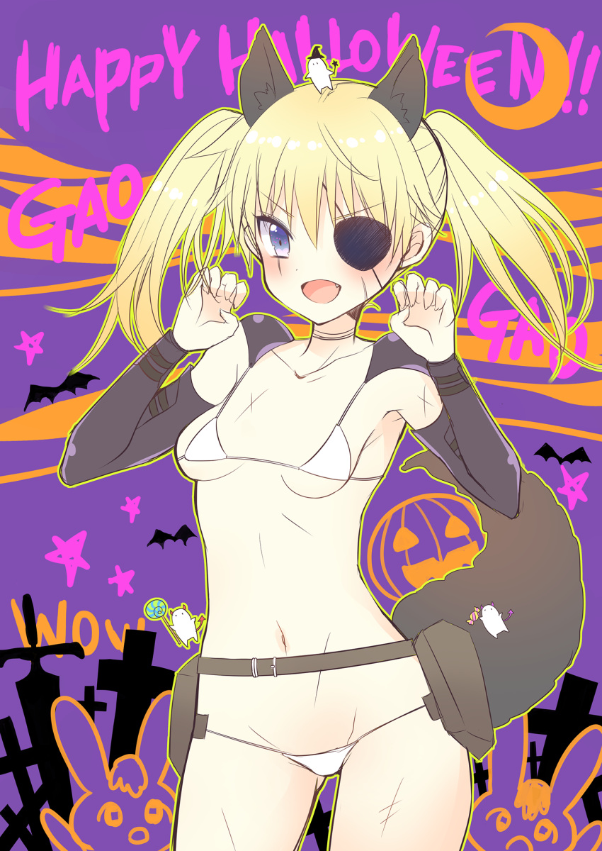 1girl animal_ear_fluff animal_ears bangs belt belt_buckle blonde_hair blue_eyes blush bow breasts brown_belt buckle candy commentary_request copyright_request demon_horns demon_tail detached_sleeves eyebrows_visible_through_hair eyepatch facial_scar fingernails food gao ghost grey_sleeves groin hair_between_eyes halloween happy_halloween highres holding holding_food holding_lollipop horns jack-o'-lantern lollipop long_hair long_sleeves navel pauldrons pocopoco scar scar_across_eye scar_on_cheek small_breasts solo star swirl_lollipop tail tail_raised twintails white_bow wolf_ears wolf_girl wolf_tail