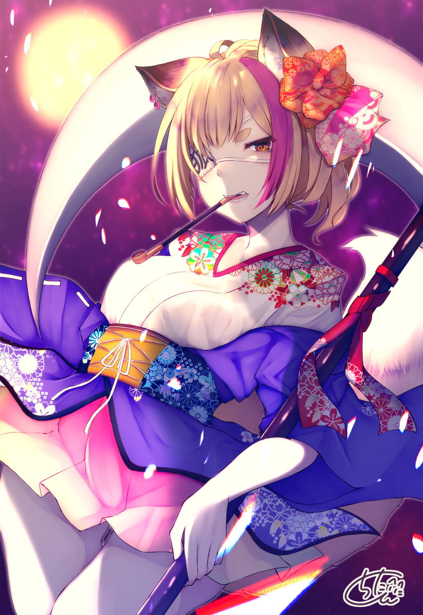 1girl animal_ear_fluff animal_ears bangs blush bow breasts chita_(ketchup) commentary_request cross-laced_clothes dutch_angle ear_piercing eyepatch floral_print fox_ears fox_girl fox_tail hair_bow hair_ribbon haori head_tilt highres holding holding_scythe japanese_clothes kimono kiseru light_brown_hair looking_at_viewer medium_breasts mouth_hold multicolored_hair off_shoulder original pantyhose parted_lips piercing pink_ribbon pink_skirt pipe pleated_skirt print_kimono purple_hair red_bow red_eyes ribbon scythe short_eyebrows short_hair short_kimono signature skirt solo streaked_hair tail tail_raised thick_eyebrows white_kimono white_legwear wide_sleeves