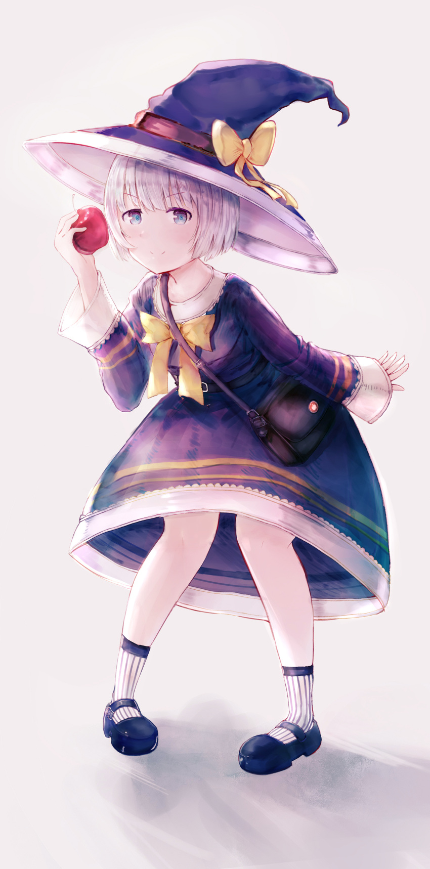 1girl absurdres apple bag black_footwear blue_eyes bow dress food fruit full_body handbag hat hat_bow heixie highres holding holding_fruit leaning_forward looking_at_viewer original pantyhose shoes short_hair simple_background smile solo standing white_hair white_legwear witch witch_hat yellow_bow