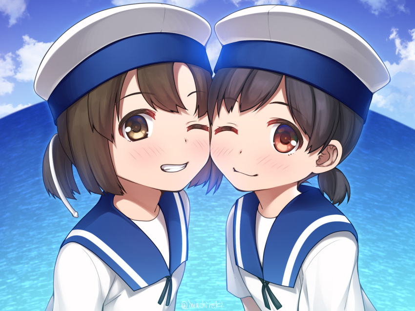2girls ;) ;d bangs black_hair blue_sailor_collar blue_sky blush brown_eyes brown_hair cheek-to-cheek clouds collarbone daitou_(kantai_collection) day eyebrows_visible_through_hair fisheye grin hat hiburi_(kantai_collection) imachireki kantai_collection looking_at_viewer low_ponytail multiple_girls ocean one_eye_closed open_mouth outdoors red_eyes sailor_collar sailor_hat shirt short_hair short_sleeves sky smile teeth twitter_username water white_hat white_shirt