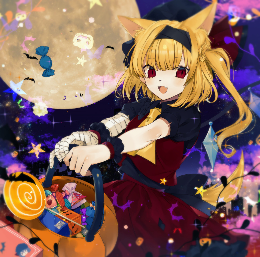 1girl :d absurdres animal_ear_fluff animal_ears ascot bandage bandaged_arm bandages bangs basket bat black_hairband black_hat black_shirt blush candy cat_ears commentary cowboy_shot crystal daimaou_ruaeru eyebrows_visible_through_hair fangs flandre_scarlet food frilled_shirt_collar frills full_moon hair_ribbon hairband hat hat_ribbon highres holding holding_basket kemonomimi_mode lollipop long_hair looking_at_viewer mob_cap moon one_side_up open_mouth puffy_short_sleeves puffy_sleeves red_ribbon red_skirt red_vest remilia_scarlet ribbon shirt short_sleeves skirt skirt_set smile solo sparkle star tail touhou vest wings wolf_ears wolf_tail wrist_cuffs yellow_neckwear