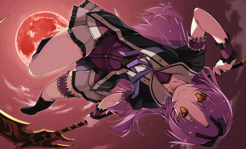 1girl bow dress eiyuu_densetsu frilled_dress frills full_body full_moon hair_bow hair_ribbon highres holding holding_weapon leg_garter long_hair moon night purple_hair red_moon renne ribbon scythe sen_no_kiseki shikei shoes smile solo upside-down weapon wrist_cuffs yellow_eyes