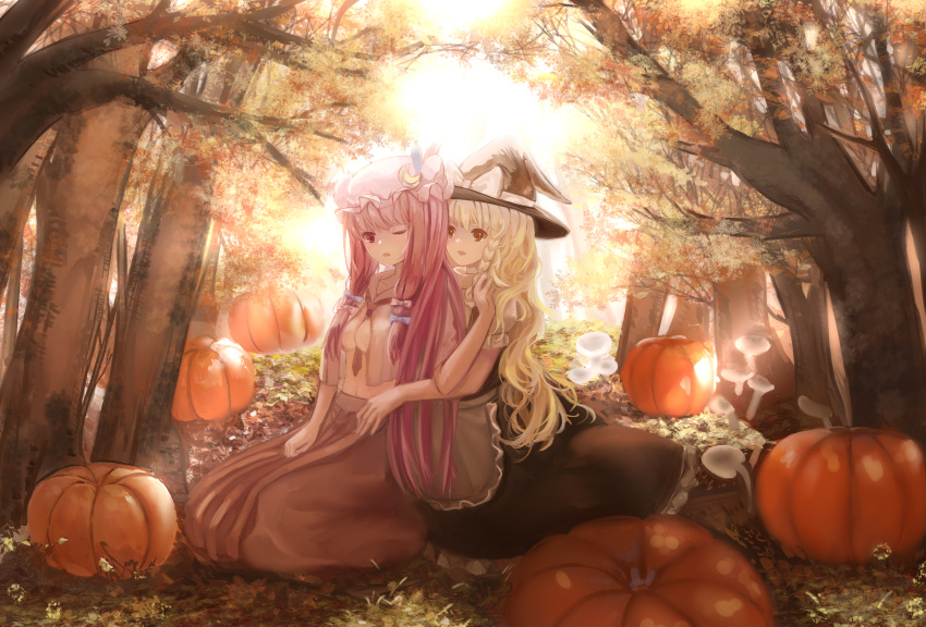 2girls absurdres autumn autumn_leaves blonde_hair blue_bow blue_ribbon bow bra braid commentary_request crescent crescent_moon_pin dress forest hair_bow hat hat_bow hat_ribbon highres huge_filesize kirisame_marisa light long_hair midriff multiple_girls nature navel necktie one_eye_closed open_mouth patchouli_knowledge pumpkin purple_bow purple_hair purple_neckwear ribbon shirt skirt sly930105 smile sunlight touhou tree underwear very_long_hair violet_eyes white_bow white_bra witch_hat yellow_eyes yuri