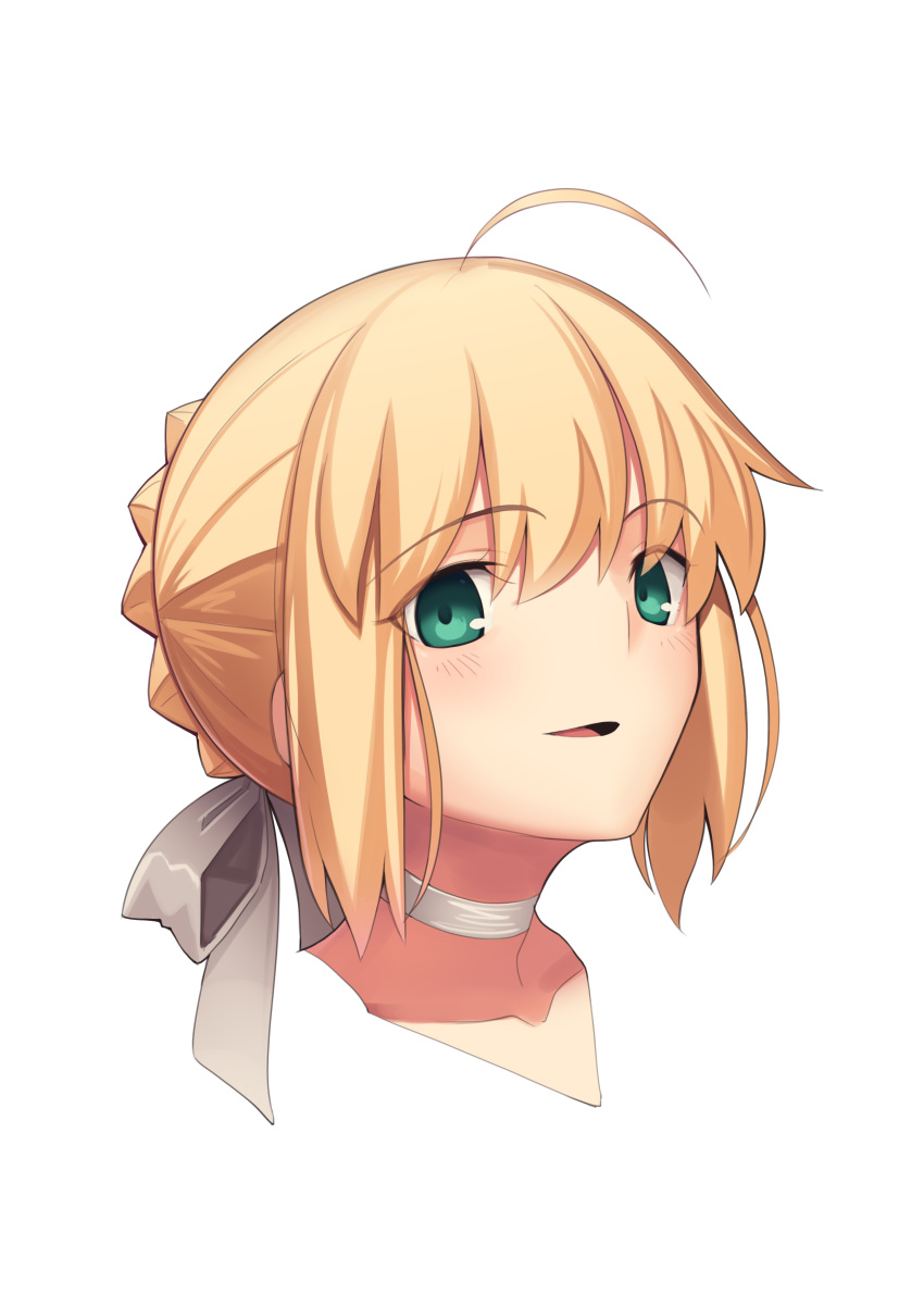 1girl :d absurdres ahoge artoria_pendragon_(all) blonde_hair boa_(brianoa) braided_bun choker collarbone eyebrows_visible_through_hair fate/stay_night fate_(series) green_eyes hair_between_eyes hair_ribbon highres looking_at_viewer open_mouth portrait ribbon ribbon_choker saber short_hair smile solo tied_hair transparent_background white_ribbon