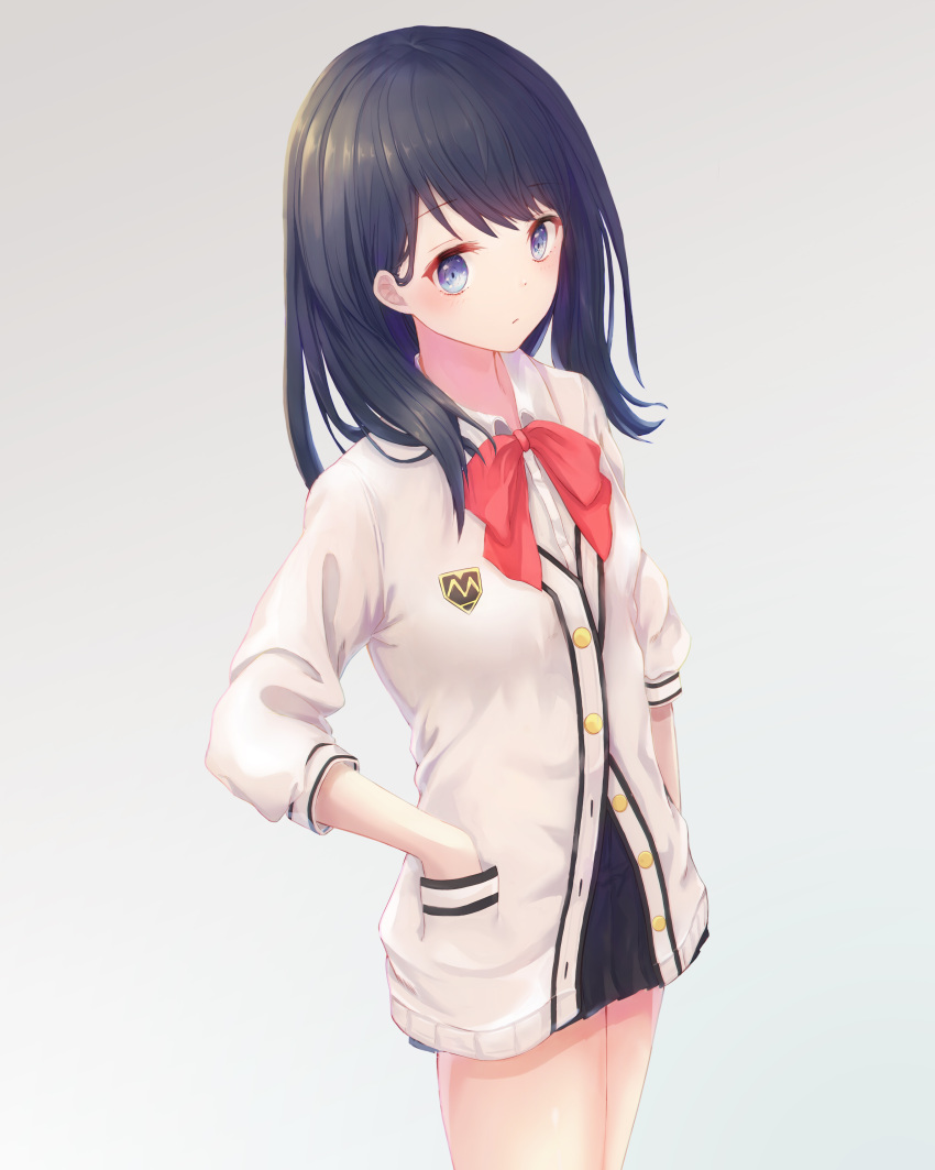 1girl absurdres black_hair blue_eyes blush bow bowtie cardigan cowboy_shot flat_chest from_above frown gradient gradient_background hands_in_pockets highres keis_(locrian1357) looking_at_viewer looking_to_the_side miniskirt revision school_uniform skirt solo ssss.gridman takarada_rikka