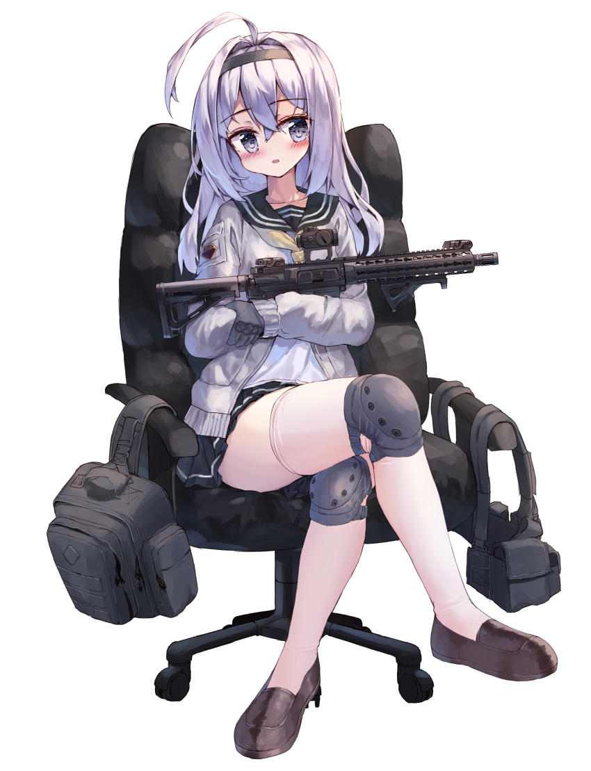 1girl absurdres ahoge aimpoint ar-15 bangs black_gloves black_hairband black_sailor_collar black_skirt blush brown_footwear chair commentary_request eyebrows_visible_through_hair full_body gloves grey_eyes grey_jacket gun hair_between_eyes hair_intakes hairband head_tilt highres holding holding_gun holding_weapon jacket legs_crossed loafers long_hair long_sleeves magpul office_chair on_chair open_clothes open_jacket original parted_lips pleated_skirt rifle sailor_collar shirt shoes silver_hair simple_background sitting skirt solo tandohark thigh-highs weapon white_background white_legwear white_shirt yellow_neckwear