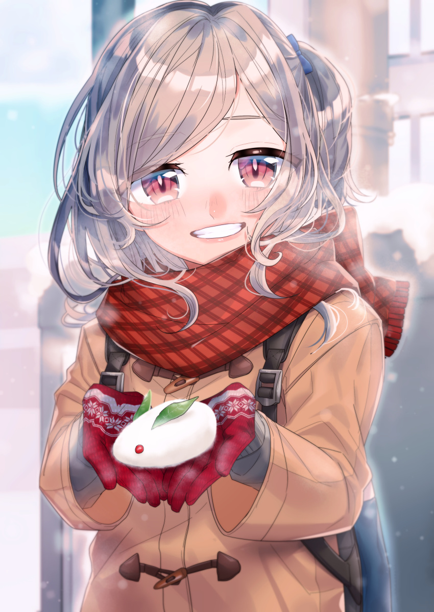 1girl absurdres backpack bag blue_sky blurry blurry_background blush brown_coat coat day gloves highres ichimonjikun2 long_hair original outdoors parted_lips plaid plaid_scarf red_gloves red_scarf scarf silver_hair sky smile snow_bunny snowing unmoving_pattern upper_body