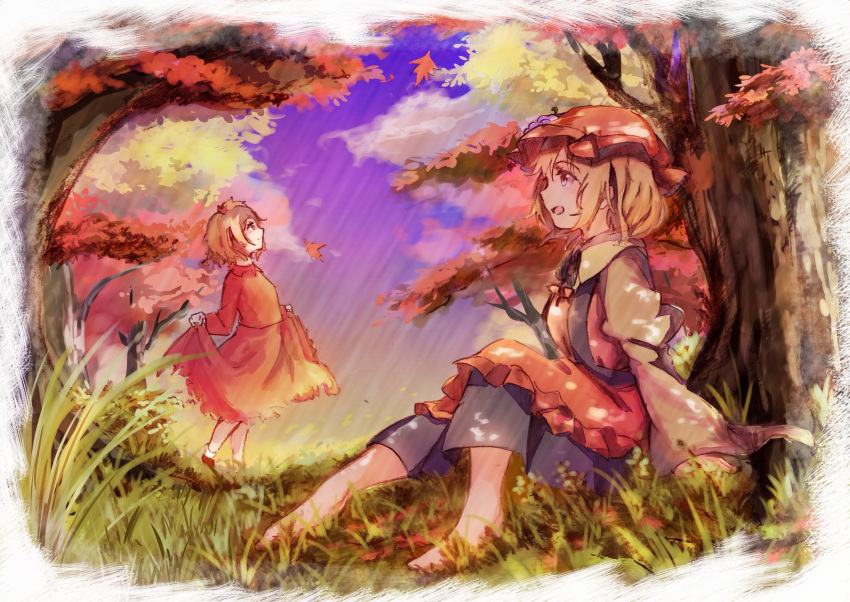 2girls aki_minoriko aki_shizuha apron autumn autumn_leaves barefoot black_skirt blonde_hair brown_shirt clouds dappled_sunlight day gradient_sky grass hair_ornament hat highres juliet_sleeves leaf leaf_hair_ornament lifted_by_self long_sleeves looking_to_the_side looking_up maple_leaf mob_cap multiple_girls open_mouth outdoors profile puffy_sleeves red_shirt red_skirt shirt short_hair siblings sideways_mouth sisters sitting skirt skirt_lift skirt_set sky smile sunlight tamiku_(shisyamo609) touhou tree under_tree yellow_eyes