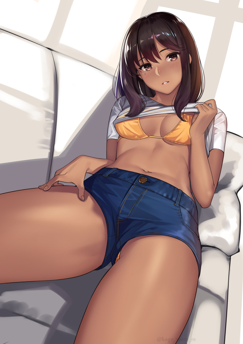 1girl bikini bikini_under_clothes blush breasts brown_eyes brown_hair commentary_request dark_skin denim denim_shorts hand_on_own_leg highres kagematsuri lifted_by_self long_hair looking_at_viewer lying medium_breasts mole mole_under_eye navel on_back orange_bikini original parted_lips shirt_lift short_sleeves shorts swimsuit tan twitter_username