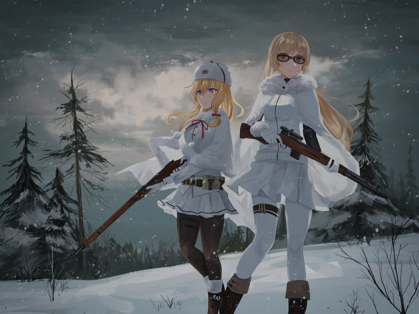 2girls bangs black-framed_eyewear blonde_hair blue_eyes bolt_action boots bow breasts brown_footwear brown_legwear capelet character_request chihuri closed_mouth clouds cloudy_sky commentary_request cross-laced_footwear eyebrows_visible_through_hair fur-trimmed_capelet fur-trimmed_cloak fur-trimmed_gloves fur_hat fur_trim girls_frontline glasses gloves gun hair_between_eyes hair_bow hat highres holding holding_gun holding_weapon jacket lace-up_boots long_hair long_sleeves looking_at_viewer medium_breasts mosin-nagant mosin-nagant_(girls_frontline) multiple_girls neck_ribbon object_namesake outdoors pantyhose pleated_skirt red_bow red_ribbon red_star ribbon rifle scope skirt sky snow snowing star svt-38_(girls_frontline) tree very_long_hair weapon white_capelet white_cloak white_gloves white_hat white_jacket white_legwear white_skirt