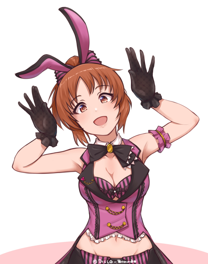 1girl :d abe_nana animal_ears arm_garter armpits arms_up bare_shoulders black_gloves blush bow bow_bra bowtie bra breasts brooch brown_eyes brown_hair bunny_pose cleavage disco_brando gloves groin hair_bow highres idolmaster idolmaster_cinderella_girls jewelry large_breasts looking_at_viewer midriff navel open_mouth ponytail rabbit_ears short_hair simple_background sleeveless smile solo striped striped_bra underwear upper_body vest white_background