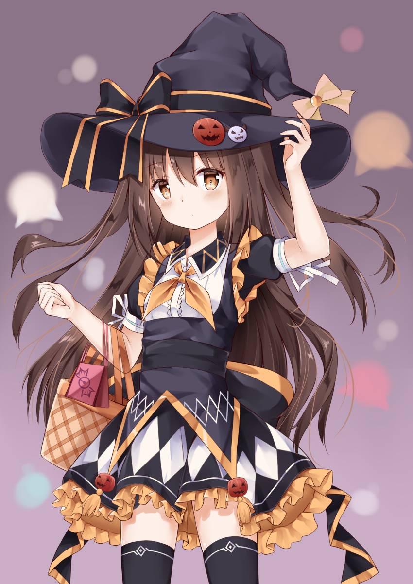 1girl absurdres arm_up bag bangs black_bow black_hat black_legwear black_skirt blush bow breasts brown_eyes brown_hair center_frills closed_mouth collared_shirt commentary_request cowboy_shot eyebrows_visible_through_hair frilled_skirt frills fuyuki030 hair_between_eyes halloween hand_on_headwear hat hat_bow head_tilt highres jack-o'-lantern long_hair looking_at_viewer orange_neckwear original puffy_short_sleeves puffy_sleeves ribbon shirt short_sleeves skirt small_breasts solo thigh-highs two_side_up very_long_hair white_ribbon white_shirt witch_hat