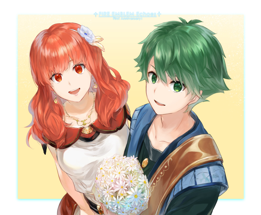 1boy 1girl :d alm_(fire_emblem) bouquet celica_(fire_emblem) collarbone copyright_name daisy earrings fire_emblem fire_emblem_echoes:_mou_hitori_no_eiyuuou fire_emblem_gaiden flower from_above futabaaf green_eyes green_hair hair_between_eyes highres holding holding_bouquet intelligent_systems jewelry looking_at_viewer love necklace nintendo open_mouth orange_eyes orange_hair sleeve smile upper_body white_flower