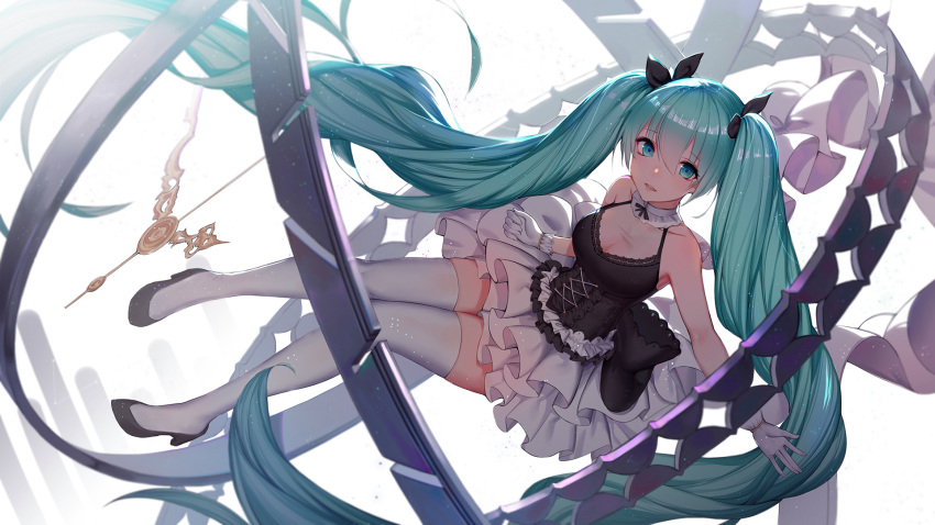 1girl alternate_costume aqua_eyes aqua_hair black_footwear black_ribbon blush breasts cleavage collarbone commentary_request from_above full_body gloves hair_ribbon hatsune_miku high_heels highres layered_skirt long_hair looking_at_viewer looking_up medium_breasts parted_lips pre_(17194196) ribbon see-through shiny shiny_hair simple_background skirt sleeveless smile solo thigh-highs upper_teeth very_long_hair vocaloid white_background white_gloves white_legwear white_skirt zettai_ryouiki