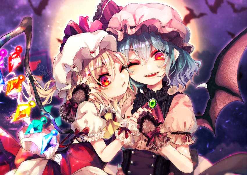 2girls :t ;) alternate_costume animal arm_around_neck ascot bangs bat bat_wings black_wings blonde_hair blue_hair bow brooch cheek-to-cheek collared_shirt corset crystal eyebrows_visible_through_hair eyeshadow fangs fingernails flandre_scarlet fua_yuu full_moon gradient_hair hair_between_eyes hand_holding hat hat_ribbon head_tilt jewelry long_hair looking_at_viewer makeup medium_hair mob_cap moon multicolored_hair multiple_girls nail_polish night night_sky one_eye_closed outdoors pink_hat pointy_ears puffy_short_sleeves puffy_sleeves red_bow red_eyes red_nails red_neckwear red_ribbon remilia_scarlet ribbon sash shirt short_sleeves siblings sisters sky smile touhou upper_body white_hat white_shirt wings wrist_cuffs yellow_neckwear