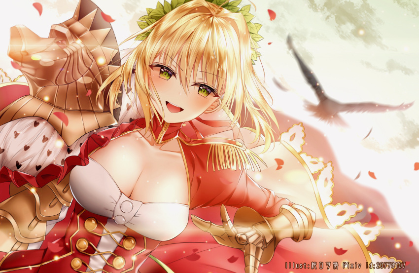 1girl :d absurdres ahoge animal backlighting bangs bird blonde_hair blurry blurry_background breasts cleavage collarbone commentary depth_of_field dress dutch_angle epaulettes eyebrows_visible_through_hair fate/extra fate_(series) gauntlets green_eyes hair_between_eyes hair_intakes highres juliet_sleeves junpaku_karen large_breasts long_hair long_sleeves nero_claudius_(fate) nero_claudius_(fate)_(all) open_mouth petals pixiv_id puffy_sleeves red_dress revision smile solo symbol_commentary upper_teeth