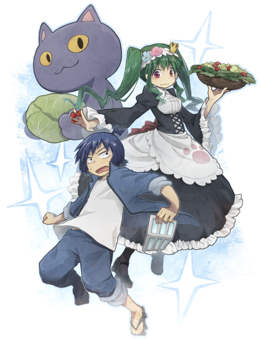 1boy 1girl :3 black_legwear blue_hair blue_jacket blue_pants breasts cat crown food geta green_hair hairband highres holding holding_food jacket kuroi_ginko kuroi_souya lama_(kusuriya) large_breasts lettuce long_hair long_sleeves looking_at_viewer maid mask mask_removed mini_crown pants planet_with puffy_sleeves red_eyes salad sensei_(planet_with) shirt sidelocks skirt t-shirt tilted_headwear twintails white_shirt yellow_sclera