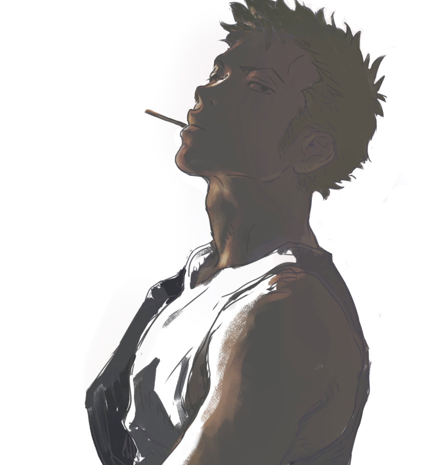 1boy from_side green_hair head_tilt highres long_sideburns male_focus no.6_(numberr_6) one_piece pocky_in_mouth roronoa_zoro scar scar_across_eye short_hair sideburns solo tank_top upper_body white_tank_top