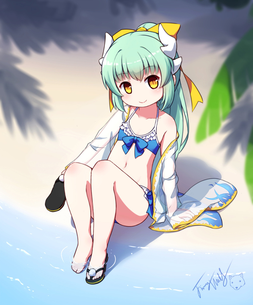 1girl arm_support bangs bare_legs bare_shoulders barefoot beach bikini black_footwear blue_bikini blurry blurry_foreground blush bow brown_eyes closed_mouth collarbone commentary_request day depth_of_field dragon_horns eyebrows_visible_through_hair fate/grand_order fate_(series) frilled_bikini frills green_hair hair_between_eyes hair_bow hair_ribbon head_tilt highres holding holding_shoes horns japanese_clothes kimono kiyohime_(fate/grand_order) kiyohime_(swimsuit_lancer)_(fate) langbazi long_sleeves looking_at_viewer navel off_shoulder open_clothes open_kimono outdoors palm_tree ponytail revision ribbon sand sandals see-through shoes signature single_sandal sitting smile solo swimsuit tree water white_kimono wide_sleeves yellow_bow yellow_ribbon younger