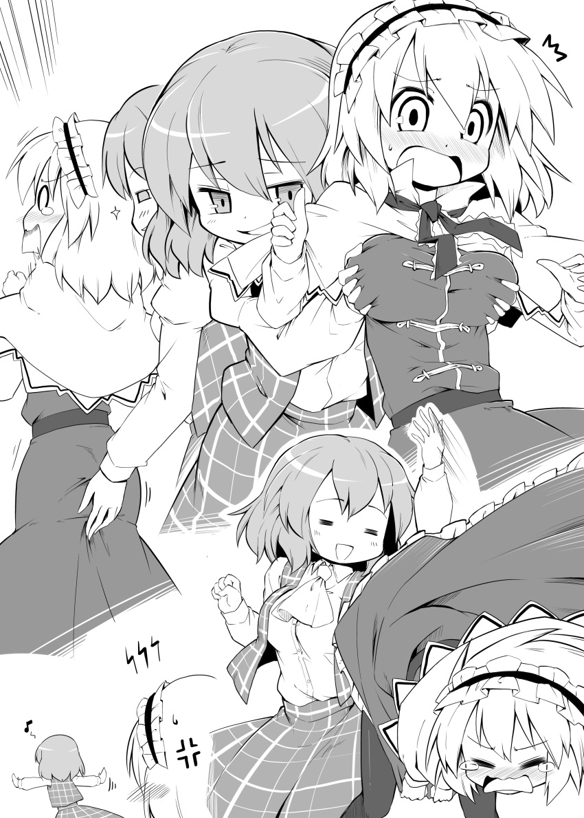 /\/\/\ 0_0 2girls :d =_= absurdres alice_margatroid anger_vein ass ass_grab blush breast_grab breasts capelet commentary_request eighth_note female_pervert futa_(nabezoko) grabbing greyscale groping hairband_bow highres kazami_yuuka monochrome multiple_girls musical_note open_mouth pervert smile touhou