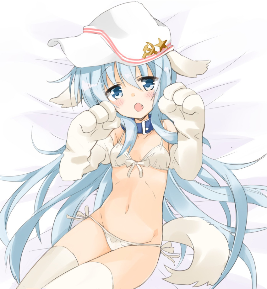 1girl animal_ears bikini blue_eyes collar commentary_request cowboy_shot dog_ears dog_tail elbow_gloves flat_cap flat_chest gloves hammer_and_sickle hat hibiki_(kantai_collection) highres hizuki_yayoi kantai_collection long_hair lying paw_gloves paws silver_hair solo swimsuit tail thigh-highs verniy_(kantai_collection) white_bikini white_hat white_legwear