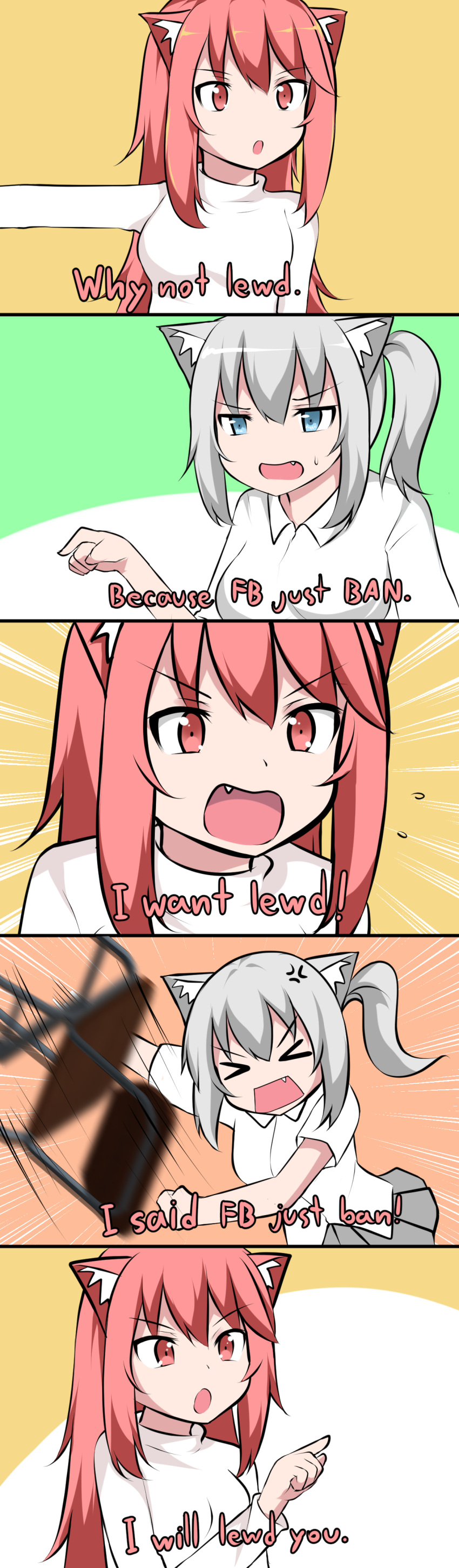 &gt;_&lt; 2girls 5koma absurdres anger_vein angry animal_ears blue_eyes cat_ears catstudioinc_(punepuni) chair comic commentary emphasis_lines english english_commentary eyebrows_visible_through_hair facebook fang grey_hair highres long_hair mashiro_(miku_plus) multiple_girls original pink_eyes pink_hair ponytail puni_(miku_plus) subtitled throwing truth