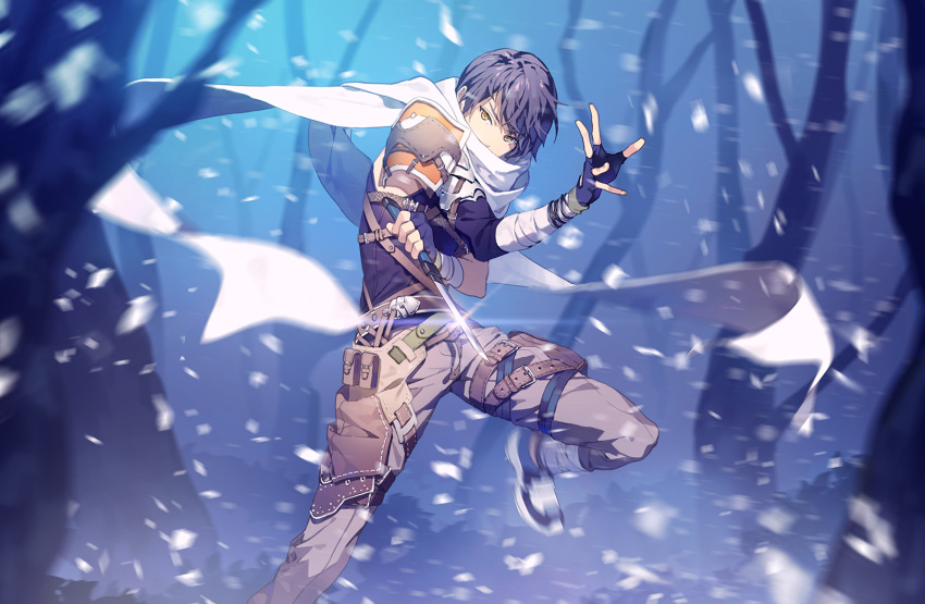 1boy bare_tree belt belt_pouch black_gloves black_hair covered_mouth cowboy_shot dagger eiyuu_densetsu fingerless_gloves forest glint gloves highres joshua_astray long_sleeves looking_at_viewer motion_blur nature pants pouch scarf shirt shoes short_hair shoulder_armor snow solo sora_no_kiseki thigh_strap tree weapon white_scarf yellow_eyes yohan12