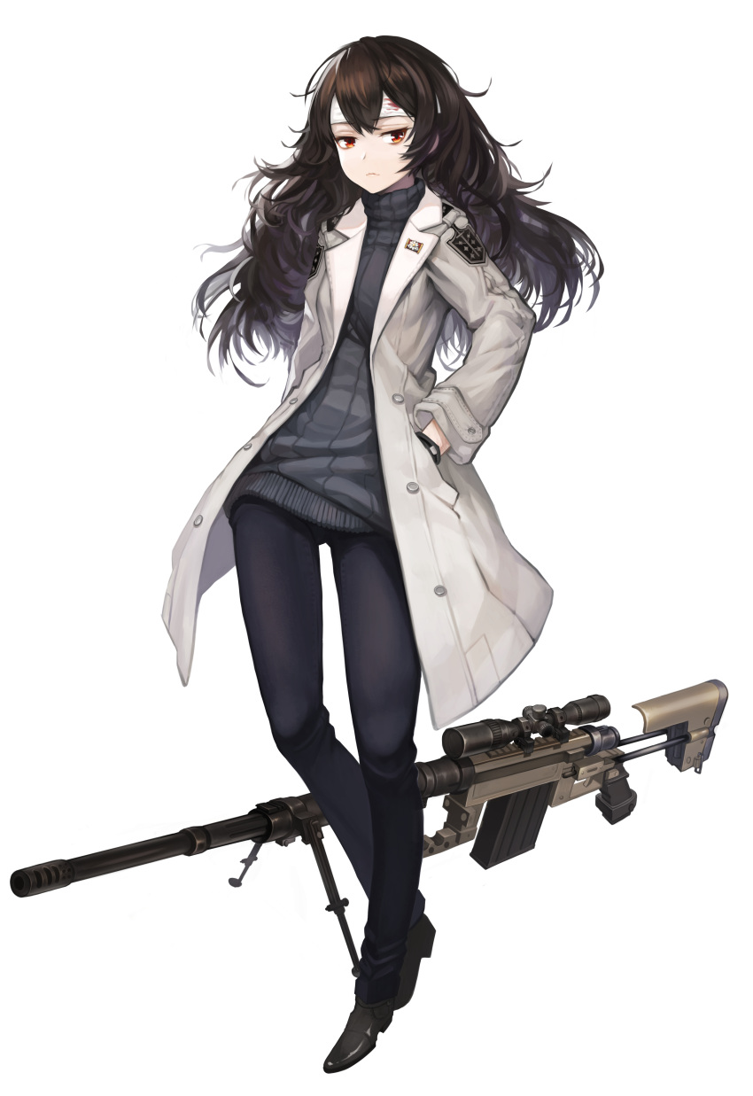 1girl absurdres bandage black_hair bolt_action cheytac_m200 closed_mouth full_body gloves gun hands_in_pockets highres long_coat long_hair looking_at_viewer original pants qbase red_eyes revision ribbed_sweater rifle scope sniper_rifle solo standing sweater turtleneck turtleneck_sweater weapon white_background