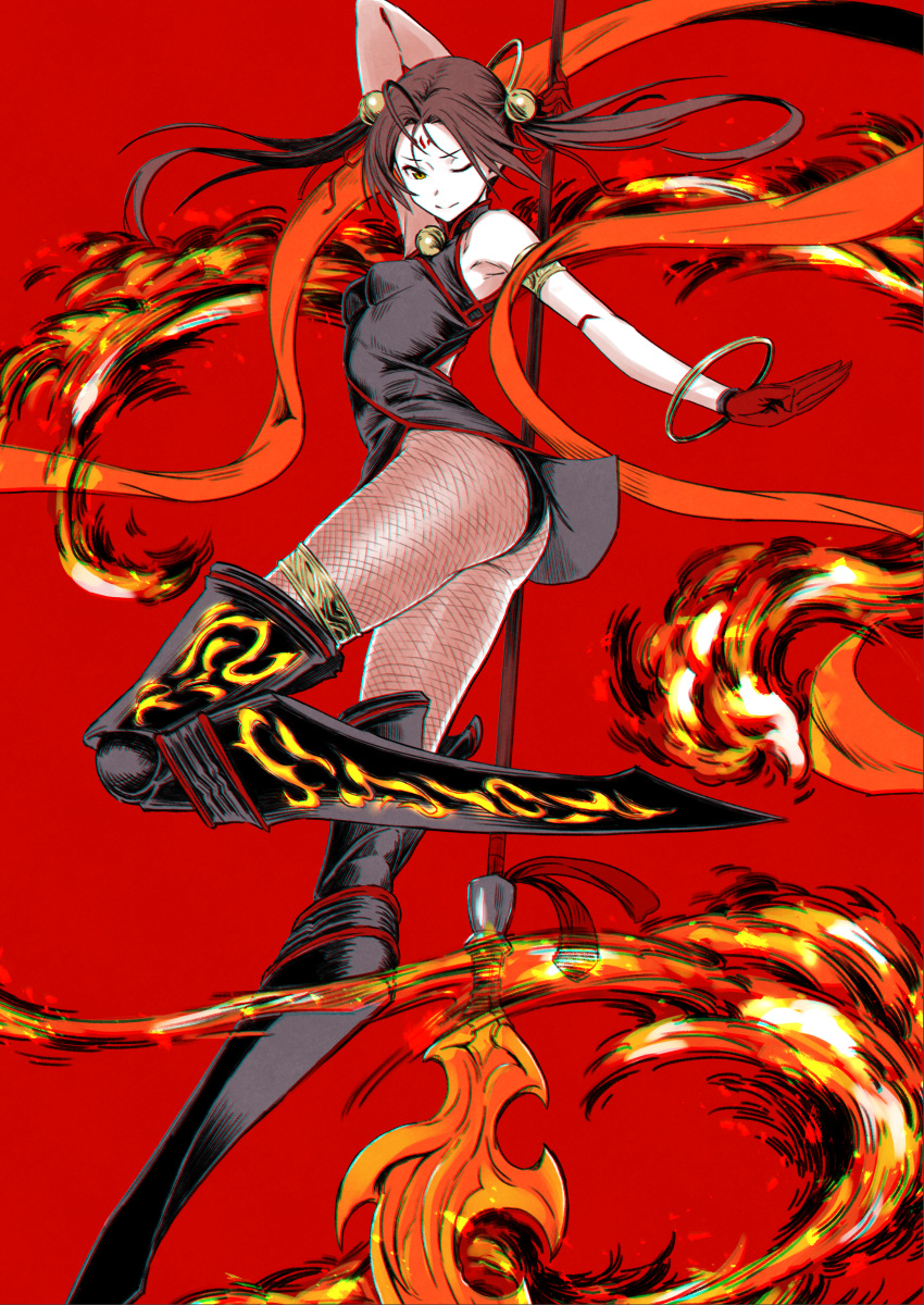 1girl absurdres arm_behind_head armpits ass bare_shoulders bell brown_hair china_dress chinese_clothes dress fate/grand_order fate_(series) fire fishnet_pantyhose fishnets gloves hair_bell hair_ornament highres holding holding_weapon huge_filesize nezha_(fate/grand_order) one_eye_closed pantyhose red_gloves sleeveless solo twintails utu_(ldnsft) weapon yellow_eyes