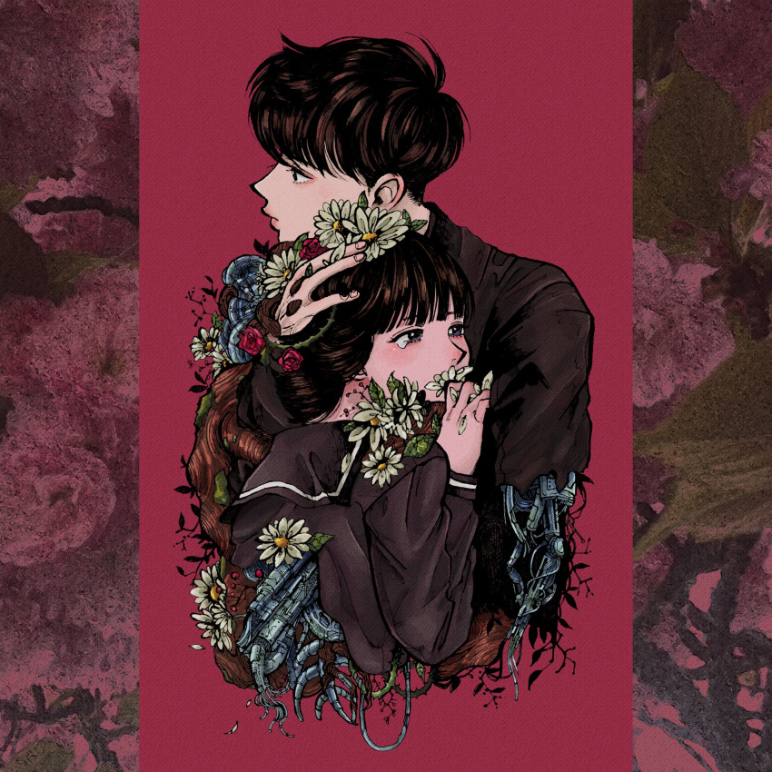 1boy 1girl bangs black_eyes black_hair black_sailor_collar black_shirt commentary_request crying crying_with_eyes_open flower hair_flower hair_ornament height_difference highres hug leaf long_sleeves mofuko_(i_rtn) original parted_lips pink_background plant profile red_flower red_rose rose sailor_collar shirt tagme tears thorns vines white_flower