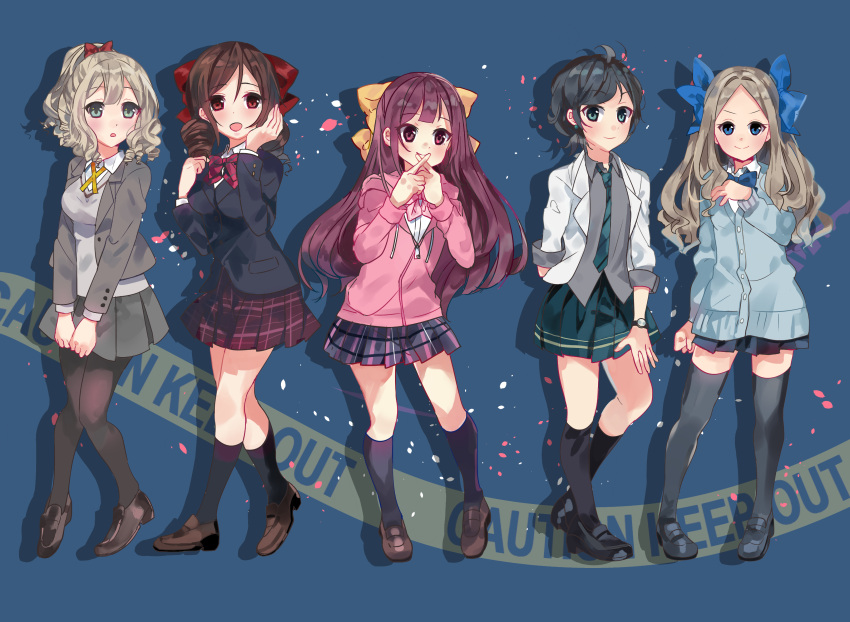 5girls absurdres alternate_costume asakaze_(kantai_collection) black_footwear black_hair black_legwear blazer blue_bow blue_cardigan blue_eyes bow brown_footwear brown_hair cardigan commentary_request drill_hair green_eyes green_neckwear hair_bow harukaze_(kantai_collection) hatakaze_(kantai_collection) highres hood hooded_jacket hoodie jacket kamikaze_(kantai_collection) kantai_collection kneehighs light_brown_hair loafers long_hair looking_at_viewer marin_(marinandokarori) matsukaze_(kantai_collection) multiple_girls necktie pantyhose pink_jacket plaid plaid_skirt pleated_skirt purple_hair red_eyes school_uniform shoes short_hair skirt thigh-highs yellow_bow