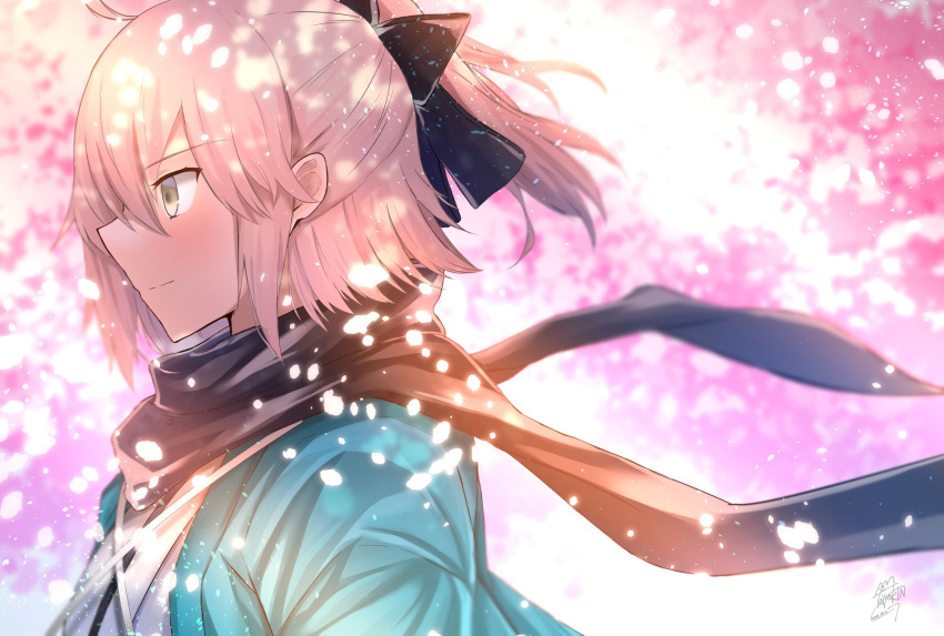 1girl black_bow black_scarf blonde_hair blush bow cherry_blossoms fate_(series) from_side hair_between_eyes hair_bow haori highres japanese_clothes koha-ace okita_souji_(fate) okita_souji_(fate)_(all) ponytail scarf short_hair solo taiyaking upper_body yellow_eyes