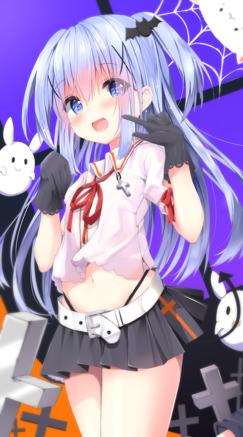 1girl :d animal bangs bat_hair_ornament belt belt_buckle black_gloves black_panties black_skirt blue_eyes blue_hair blush bow breasts buckle collared_shirt commentary_request eyebrows_visible_through_hair ghost gloves gochuumon_wa_usagi_desu_ka? hair_between_eyes hair_ornament halloween halloween_costume hands_up highleg highleg_panties highres index_finger_raised kafuu_chino kouda_suzu latin_cross looking_at_viewer miniskirt navel neck_ribbon open_mouth panties pleated_skirt puffy_short_sleeves puffy_sleeves red_bow red_ribbon ribbon shirt short_sleeves sidelocks silk skirt small_breasts smile spider_web standing standing_on_one_leg two_side_up underwear white_belt white_shirt x_hair_ornament
