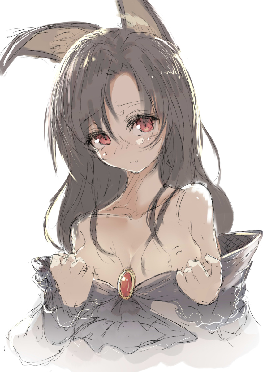 1girl absurdres animal_ears bare_shoulders blush breasts brooch brown_hair cleavage closed_mouth collarbone dress eyebrows_visible_through_hair fang hair_between_eyes hair_over_shoulder highres imaizumi_kagerou jewelry long_hair looking_at_viewer medium_breasts off_shoulder red_eyes simple_background solo touhou upper_body watchi white_background