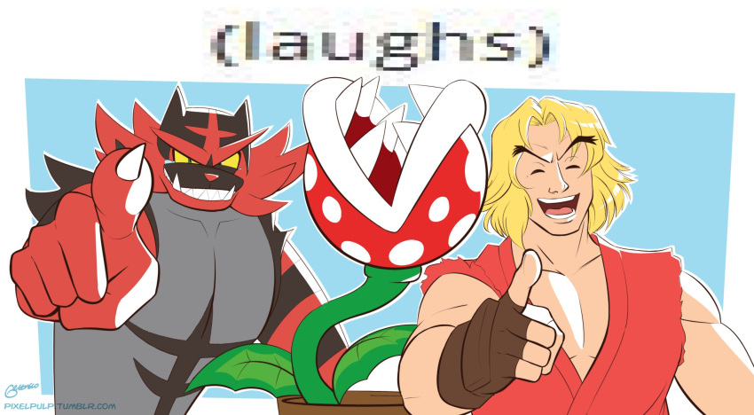 1boy :d artist_name blonde_hair blue_background brown_gloves creatures_(company) dougi fingerless_gloves game_freak gen_7_pokemon gloves highres incineroar jpeg_artifacts ken_masters super_mario_bros. nintendo open_mouth piranha_plant pixelpulp plant pointing pokemon pokemon_(game) pokemon_sm simple_background smile street_fighter super_mario_bros. super_smash_bros. super_smash_bros._ultimate tiger upper_body watermark web_address yellow_sclera