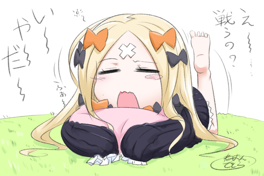 1girl abigail_williams_(fate/grand_order) bangs barefoot black_bow black_dress blonde_hair blush blush_stickers bow closed_eyes commentary_request crossed_bandaids dress facing_viewer fate/grand_order fate_(series) hair_bow highres leg_up long_hair long_sleeves lying neon-tetora no_hat no_headwear on_stomach open_mouth orange_bow parted_bangs pillow pillow_hug polka_dot polka_dot_bow signature sleeves_past_fingers sleeves_past_wrists soles solo translated very_long_hair wavy_mouth