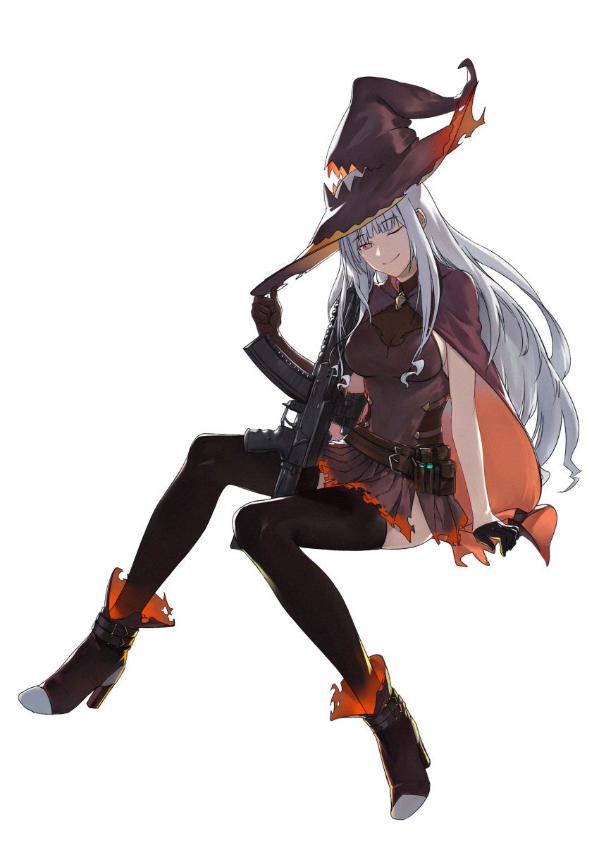 1girl absurdres adjusting_headwear ak-12 ak-12_(girls_frontline) arm_support assault_rifle bangs belt black_gloves black_legwear boots breasts buckle cape closed_mouth dress elbow_gloves eyebrows_visible_through_hair full_body girls_frontline gloves gun half_gloves halloween hat heart heart-shaped_pupils highres long_hair looking_at_viewer medium_breasts multiple_belts one_eye_closed pouch rifle sidelocks silver_hair simple_background single_elbow_glove single_half_glove sitting sleeveless sleeveless_dress smile solo symbol-shaped_pupils thigh-highs thighs very_long_hair violet_eyes weapon white_background witch_hat xiaozilongjiang