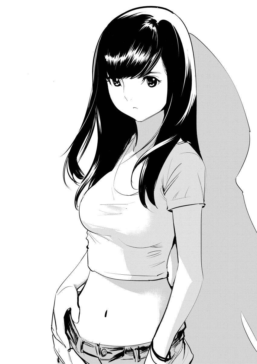1girl absurdres black_hair breasts commentary_request crop_top dytm greyscale hand_in_pocket highres long_hair medium_breasts midriff monochrome navel original shirt short_sleeves shorts simple_background solo stomach white_background