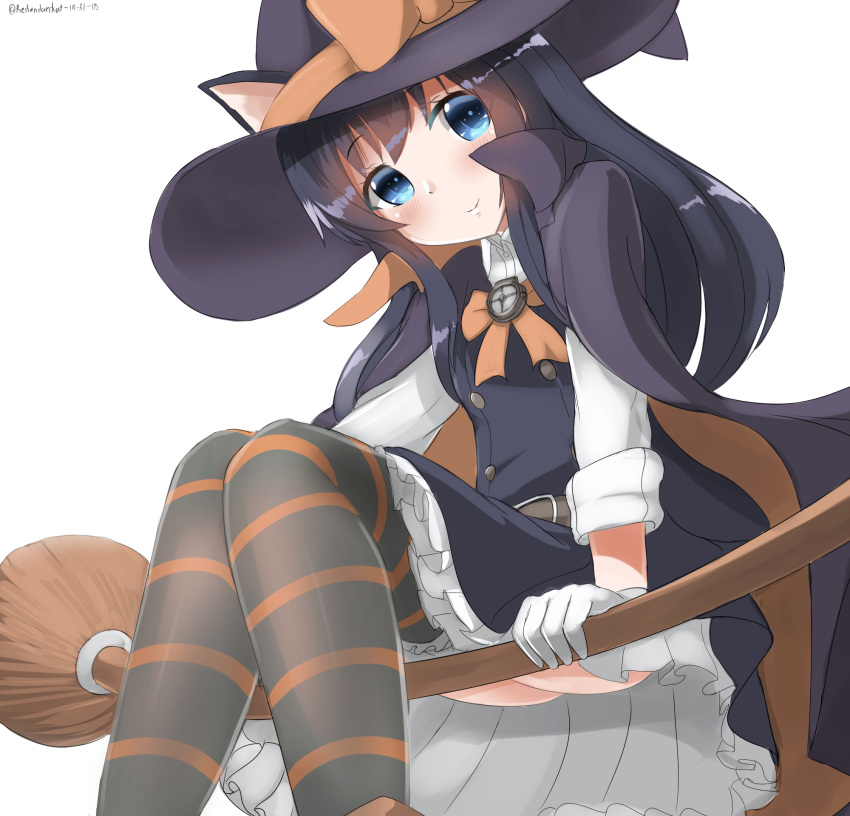 1girl animal_ears asashio_(kantai_collection) ass black_hair blue_eyes bow bowtie broom cat_ears closed_mouth dress eyebrows eyebrows_visible_through_hair gloves halloween halloween_costume happy_halloween hat highres kantai_collection long_hair long_sleeves looking_at_viewer orange_neckwear redundant-cat shirt simple_background sitting smile solo striped striped_legwear thigh-highs white_background white_gloves white_shirt witch witch_hat