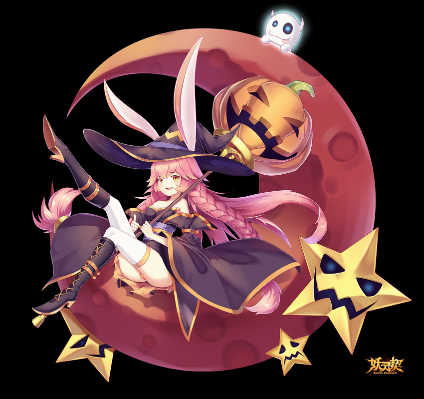 1girl :d animal_ears bare_shoulders black_background black_hat blush boots braid breasts brown_eyes brown_footwear crescent_moon cross-laced_footwear detached_sleeves ge_zhong_kuaile ghost halloween hat highres holding holding_staff knee_boots leg_up long_hair moon obi official_art open_mouth over_shoulder panties pantyshot pantyshot_(sitting) pumpkin rabbit_ears sash simple_background sitting small_breasts smile solo spirits_contract staff star thigh-highs tongue tongue_out twin_braids underwear very_long_hair white_legwear wide_sleeves witch witch_hat