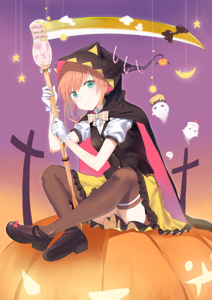 1girl animal_ears animal_hood arm_up black_cape black_vest bow brown_legwear candy candy_cane cape closed_mouth commentary_request crescent crossed_ankles dress_shirt food frilled_skirt frills ghost gloves halloween hand_up head_tilt highres holding holding_scythe hood hood_up hooded_cape kooan latin_cross multicolored multicolored_cape multicolored_clothes original pink_cape plaid plaid_bow puffy_short_sleeves puffy_sleeves scythe shirt short_sleeves skirt smile solo star thigh-highs vest white_gloves white_shirt yellow_skirt
