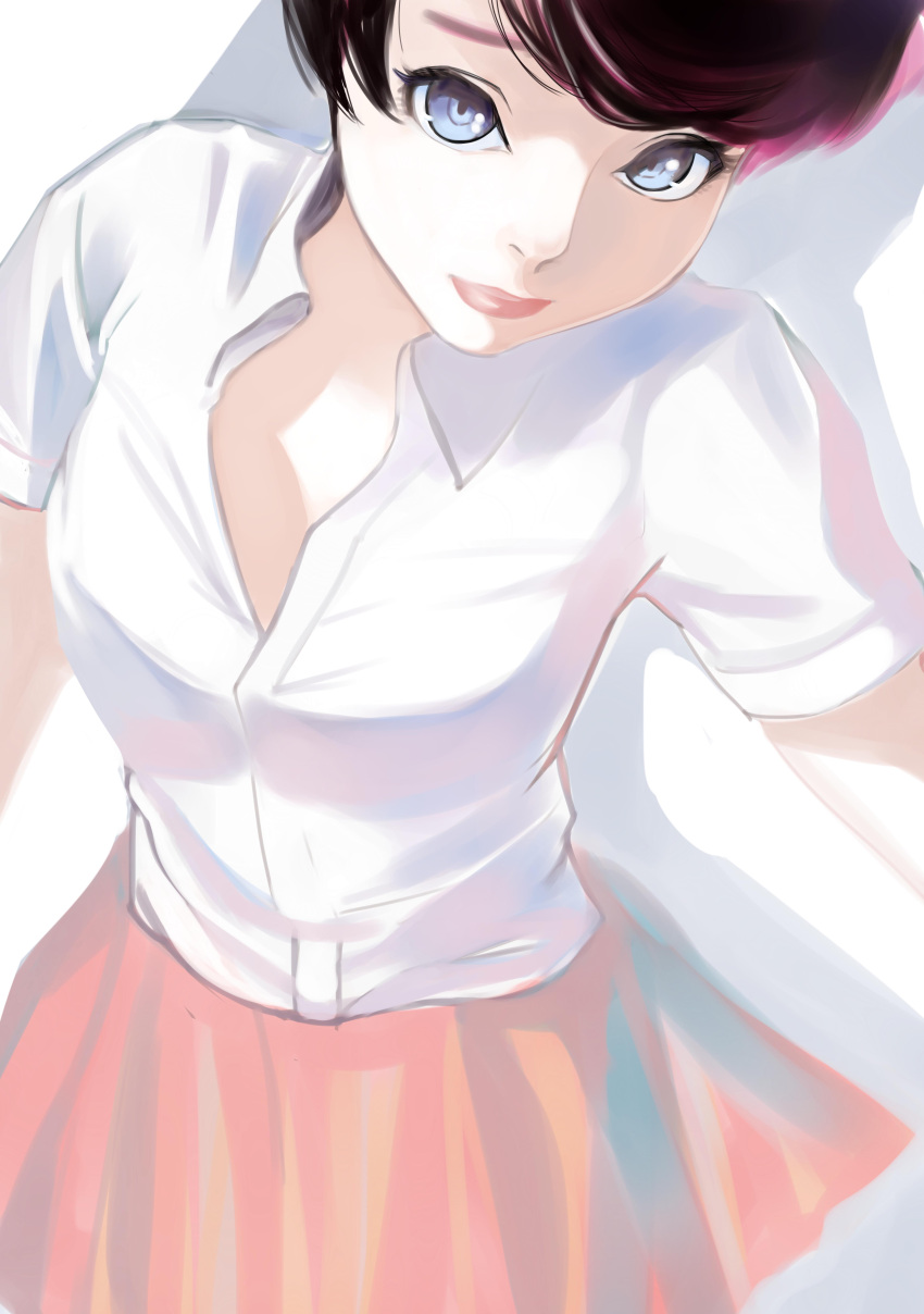 1girl absurdres blue_eyes breasts closed_mouth collared_shirt commentary_request dytm highres looking_at_viewer medium_breasts original pleated_skirt red_skirt shirt short_hair short_sleeves simple_background skirt solo summer white_background white_shirt wing_collar
