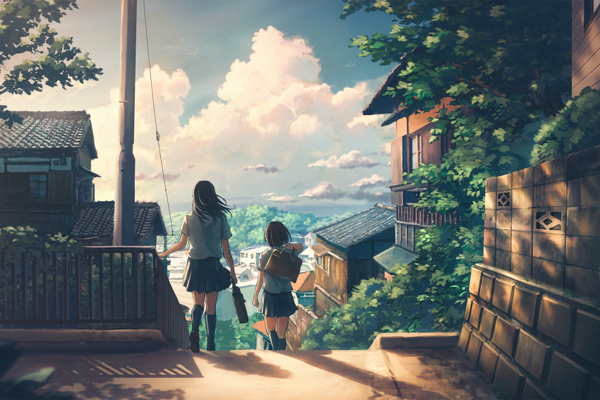 2girls arm_at_side arms_at_sides backlighting bag black_footwear black_hair black_legwear black_skirt blue_sky building cable clouds cloudy_sky day facing_away from_behind hand_on_railing hand_up holding holding_bag house kneehighs loafers long_hair miniskirt multiple_girls original outdoors plant pleated_skirt railing scenery school_bag school_uniform shadow shirt shoes short_hair skirt sky stairs sugi87 town tree walking white_shirt wind