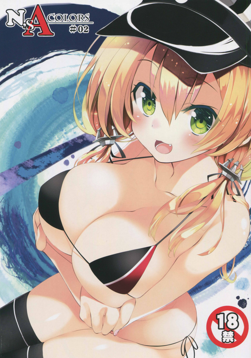 1girl absurdres anchor_hair_ornament bangs bikini black_bikini black_legwear blonde_hair blush breasts cleavage collarbone crossed_arms eyebrows_visible_through_hair fingernails green_eyes hair_ornament hat highres inuzumi_masaki kantai_collection large_breasts long_hair looking_at_viewer navel open_mouth peaked_cap prinz_eugen_(kantai_collection) scan shiny shiny_skin side-tie_bikini simple_background smile solo swimsuit thigh-highs twintails