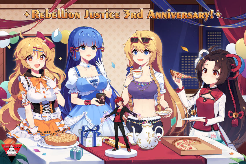 +_+ 4girls :d absurdres ahoge anniversary balloon belt blonde_hair blue_dress blue_eyes blue_hair bow braid breasts brown_eyes brown_hair building character_doll character_request cleavage copyright_name cup detached_collar dress eating food gift gloves hair_ornament hair_ribbon hairclip hand_up highres indoors long_hair long_sleeves medium_breasts midriff multiple_girls navel official_art open_mouth orange_bow orange_dress pie pizza puffy_short_sleeves puffy_sleeves rebellion_justice ribbon saucer sharlorc short_sleeves skyscraper small_breasts smile table tea teacup teapot twin_braids very_long_hair white_collar white_gloves wristband